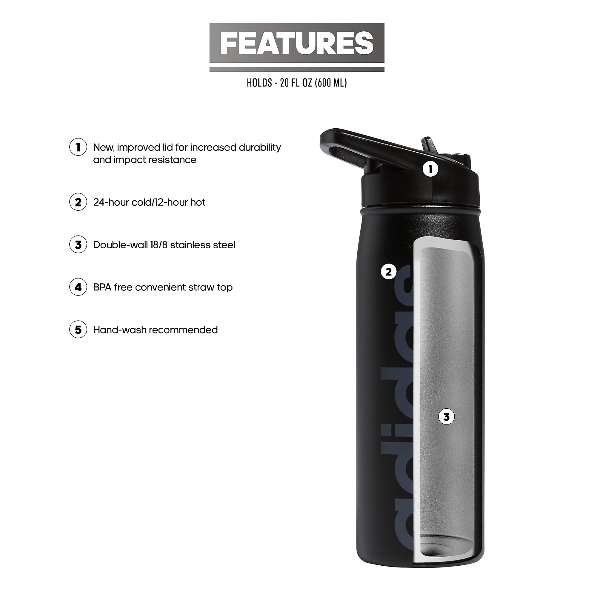 Adidas 600 Ml (20 Oz) Straw Top Metal Water Bottle, Hot/Cold Double-Walled Insulated 18/8 Stainless Steel, Black/Onix Grey, One